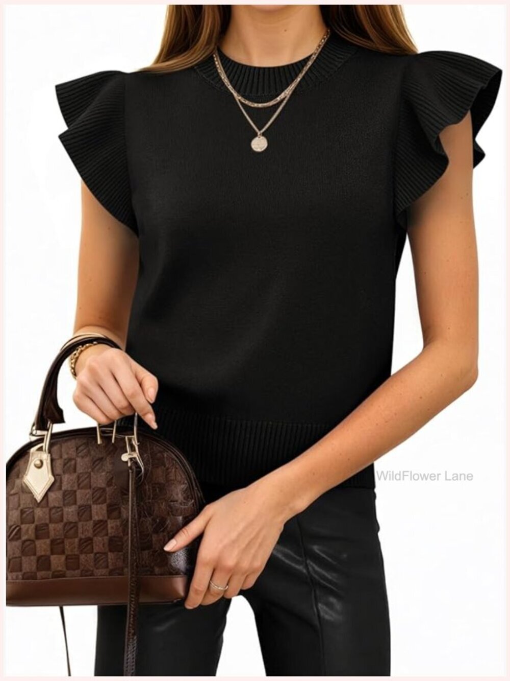 Ruffle Sleeve Cropped Sweater Top Ribbed Knit Crewneck Pullover Trendy Blouse